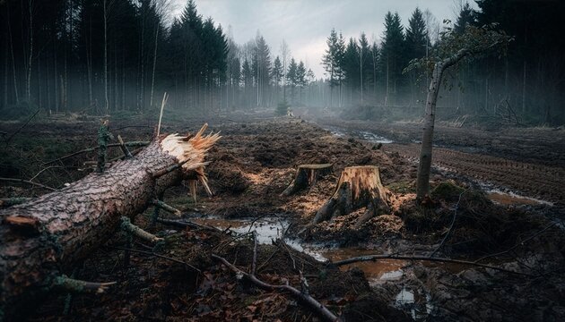 Empty forest clearing where wildlife habitat once existed. suitable for forest conservation campaigns, anti-illegal logging posters, or environmental educational materials.