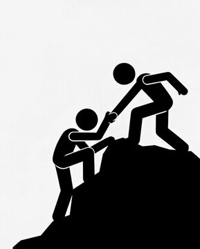 Hombre ayudando a otro a subir la cima de una monta&ntilde;a en estilo pictograma minimalista