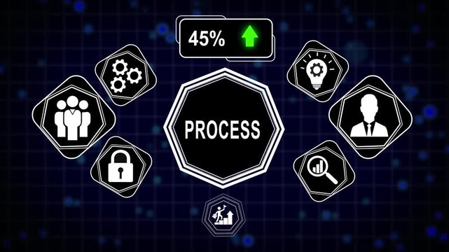 Business process optimization infographic with loading progress bar and digital for corporate strategy, management, and workflow automation presentations