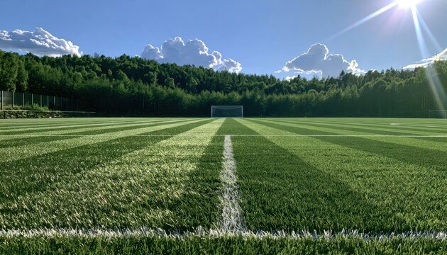 Soccer field with striped green turf, white boundary lines, and a goal under blue sky with clouds and sun