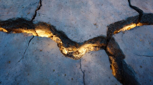 Cracked Surface Revealing Underlying Glow in Dried Earth Formation with Distinctive Patterns and Textures