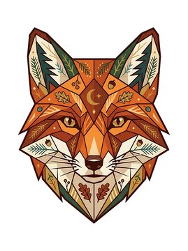 Stylized geometric fox face with autumn leaves and celestial symbols
