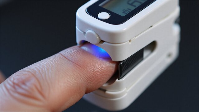 Handheld device measures finger oxygen saturation with blue light.