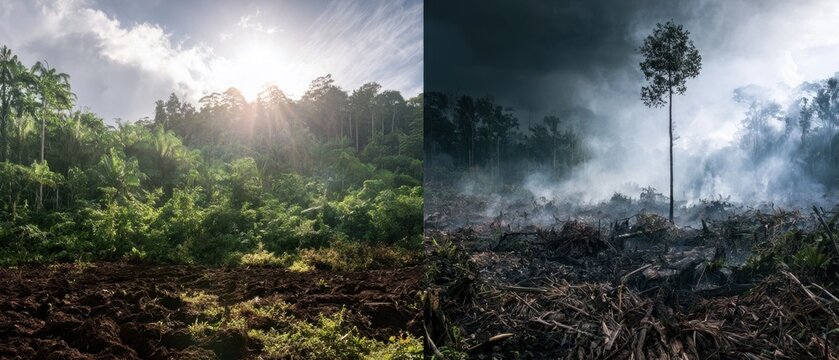 Split screen showing lush green rainforest versus burnt deforested land with smoke and destruction