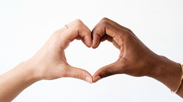Multiracial hands forming heart shape on white background, diverse skin tones creating love symbol, unity and racial harmony concept