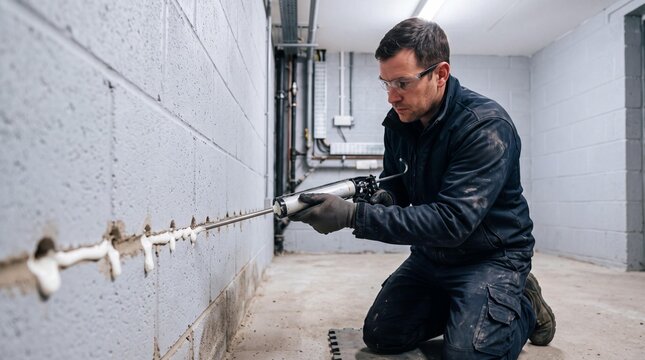 Professional trade specialist injecting damp proof course into basement wall