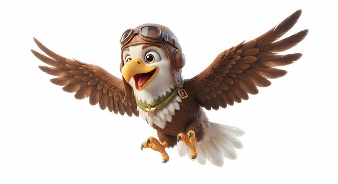 Brave 3D pilot eagle mascot flying cheerfully wearing aviator cap and star badge, 3D rendering