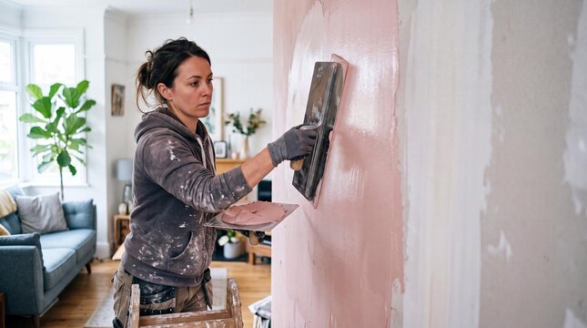 Professional female plasterer applying pink skim coat to a living room wall.