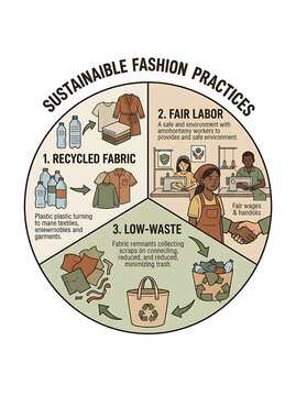 Circular infographic showing sustainable fashion and ethical production
