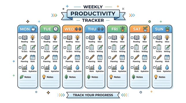 Weekly productivity tracker with task and habit tracking icons