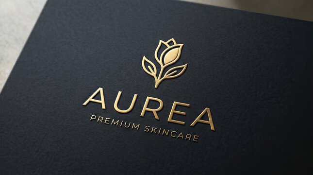 Close-up of a black textured surface with gold embossed logo and text.