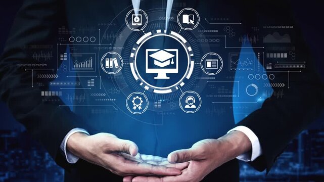 Businessman Offering Digital Learning Solutions with Technology Icons in a Modern and Innovative Setting. Entropy.