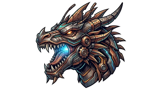 Steampunk mechanical dragon head with glowing blue energy