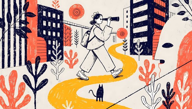 Intrepid explorer's journey a hand-drawn illustration depicting a person with a telescope and a cat on a winding path through a stylized urban natural landscape