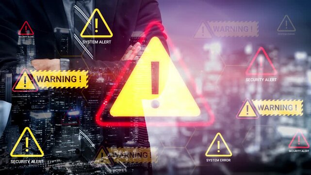 Businessman Overlooking City with Warning Symbols and Security Alerts Highlighting Cybersecurity Threats and System Vulnerabilities in Modern Office Environment Gluon.