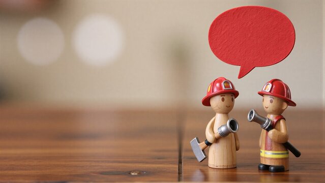 Two wooden firefighter toys stand on a table, one holding an axe and the other a hose.