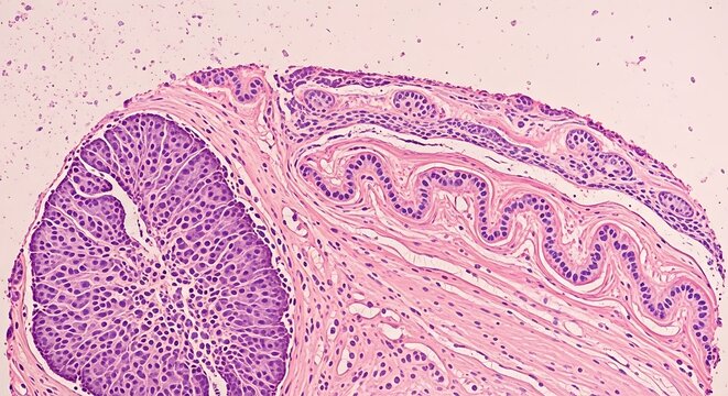 Microscopic view of biological tissue showing purple stained cell structures and layered membranes in a laboratory pathology slide sample