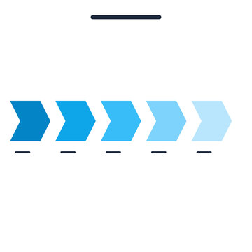 Professional five step horizontal blue chevron flow process diagram illustrating sequential stages of business development or project management planning graphic.