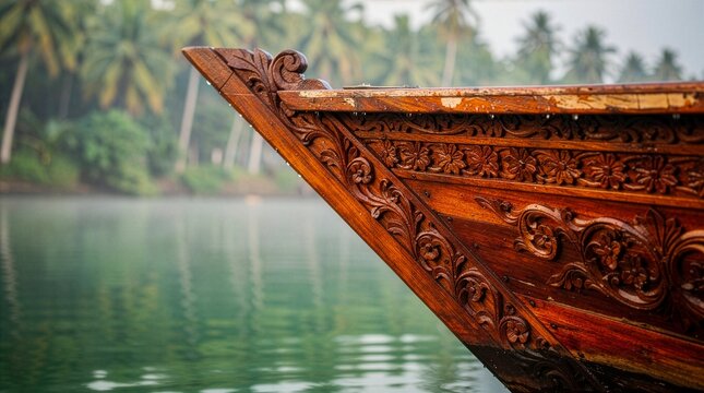 Boat prow features intricate wood carvings floating gracefully on the serene and misty backwater.