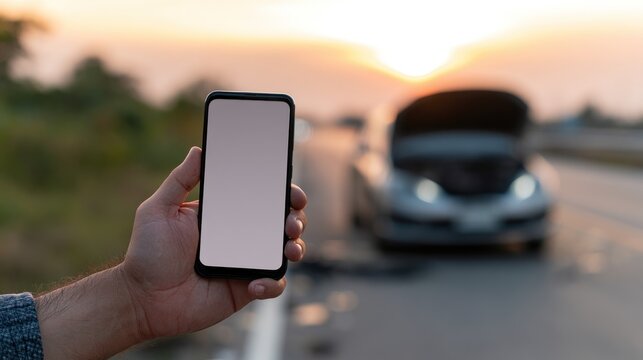 Man holding phone with broken car on roadside at sunset