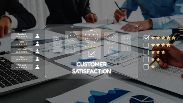 A corporate team collaborates to assess customer satisfaction using feedback charts and ratings. Visuals and data support strategic discussions for improvement and growth. Raster