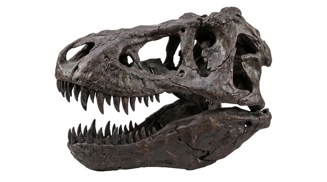 A detailed, fossilized dinosaur skull, possibly a T-Rex, with sharp teeth, against a white background.
