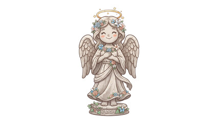 Obraz premium Friendly Cemetery Angel Statue Character with Folded Wings, Halo and Floral Decorations Halloween Cartoon Vector
