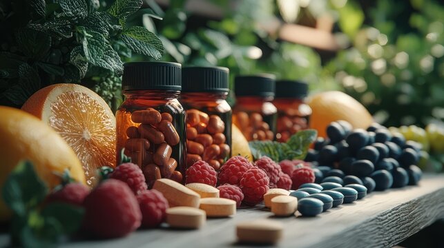 Herbal supplements, pills, fruits, garden, wellness