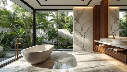 Fototapeta premium A modern bathroom featuring a freestanding tub and dual vanities, bathed in natural light with expansive windows showcasing a lush tropical garden view.