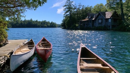 Fototapeta premium Three wooden canoes docked at a lakeside pier with rustic cabin and forest