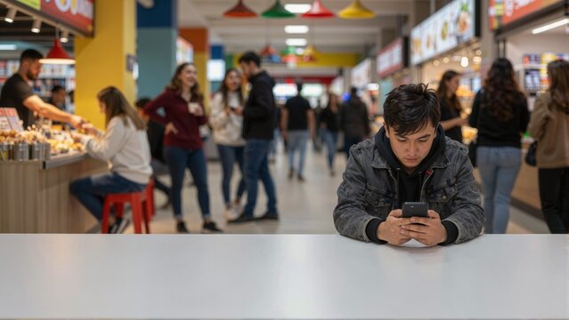 Young man using smartphone at table in busy food court with copy space