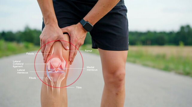 Anatomical illustration of a runner's knee with highlighted ligaments and cartilage, indicating potential injury or strain during exercise