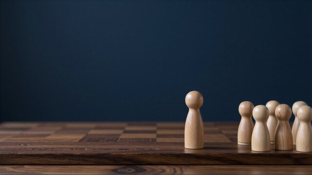 Wooden chess pieces on a board, one lone piece facing a group.