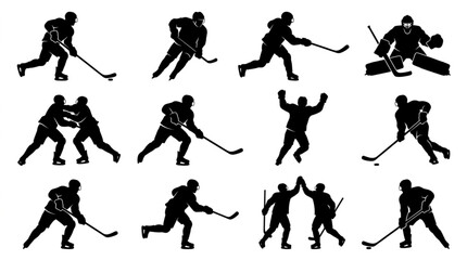 Naklejka premium Ice Hockey Player Action Silhouettes Vector Set