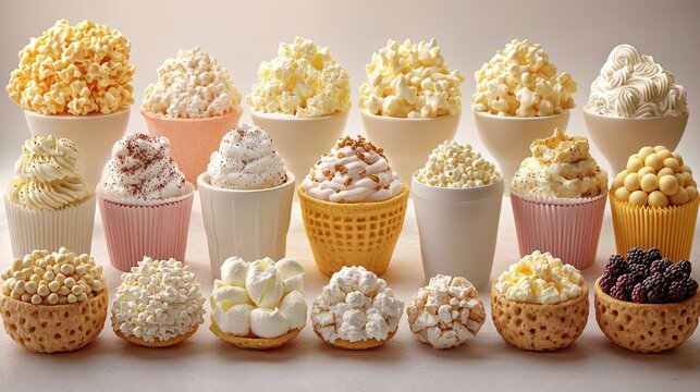 Gourmet popcorn dessert cups, studio shot, various flavors, light background, food photography