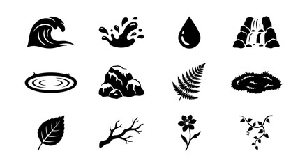 Obraz premium Nature Elements Icons, Water, Rocks, Plants, Vector Set for Eco Design