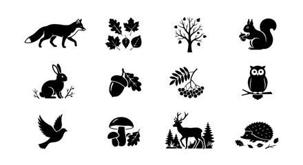 Fototapeta premium Forest Wildlife Icons, Autumn Nature Elements, Woodland Animals Vector Set