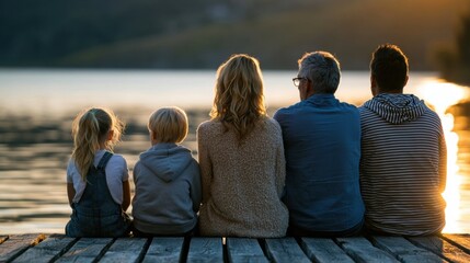 Fototapeta premium Family of five sitting together on a wooden dock overlooking a calm lake at sunset