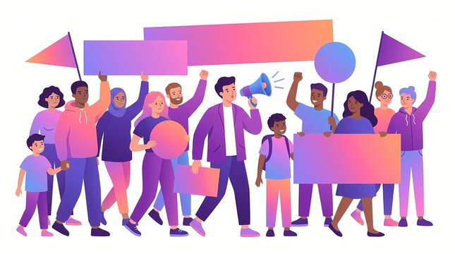 Modern flat vector illustration of a diverse group of people participating in a peaceful protest march, holding blank banners, flags, balloons, and a megaphone.