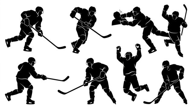 Ice Hockey Players Action Silhouettes Set