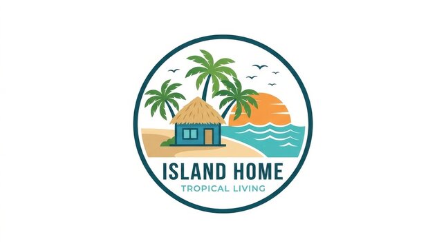 Tropical island home logo design. Beach house emblem with palm trees and sunset.