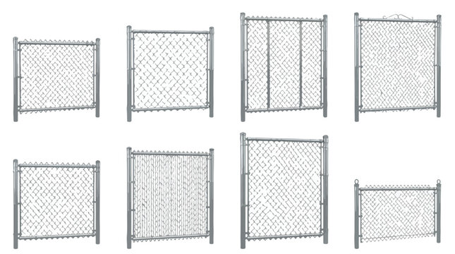 Industrial chain link fence vector set, metallic wire mesh security fencing collection, 8 realistic steel gate and barrier elements for construction