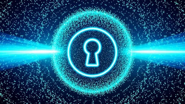 Glowing Neon Keyhole Icon with Particle Sphere and Blue Light Beams - Cybersecurity Digital Animation