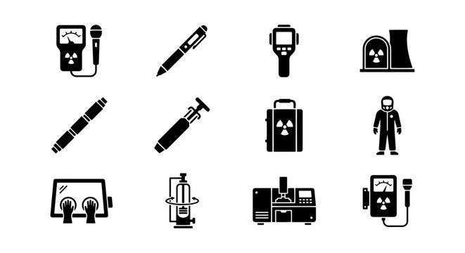 Radiation Detection Equipment Icons, Geiger Counter, Dosimeter, Hazmat Suit, Nuclear Power Icons