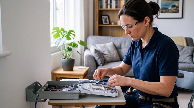 Female telecom engineer installing fiber optic broadband cable in a home.