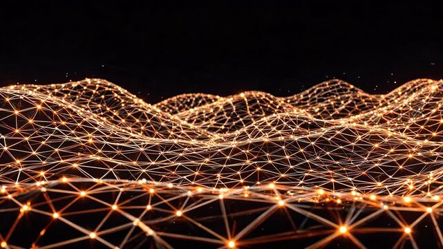 Glowing Orange Digital Mesh Wave Flowing in Dark Space - Futuristic Technology Background