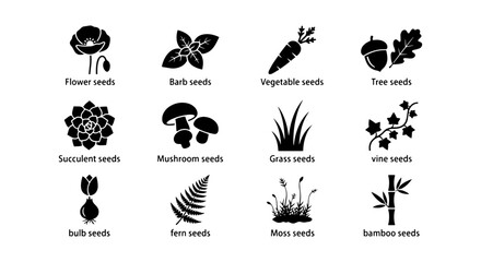 Fototapeta premium Botanical Seed Icons: Flower, Herb, Vegetable, Tree, Succulent, Mushroom, Grass, Vine, Bulb, Fern, Moss, Bamboo