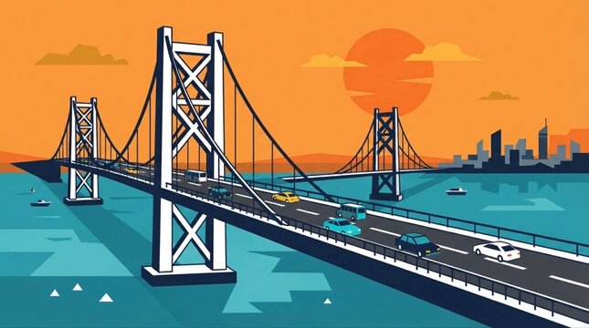 Modern Suspension Bridge Over Bay at Sunset in Flat Vector Illustration Style