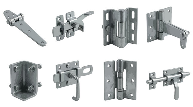 Industrial metal door hinges and gate latches set, 8 silver steel hardware icons, realistic chrome door fittings for construction and DIY projects