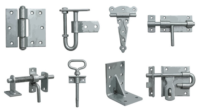 Galvanized steel door hinges and gate latches set, 8 industrial metal hardware icons, heavy duty fence fittings and security bolts
